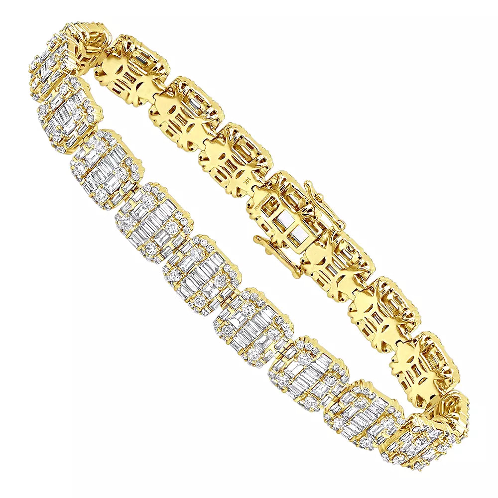 14 Carat 14K Yellow Gold Baguette and Round Diamond Tennis Bracelet for Men & Women 